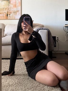 Black Long-Sleeve Crop Top & Mini Skirt Set
